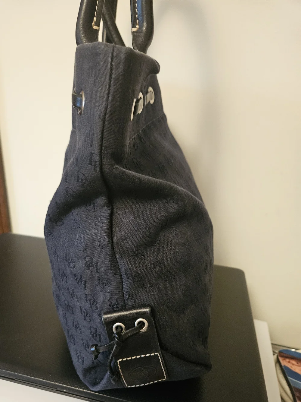 Dooney & Bourke Black On Black Monogram Drawstring Tote